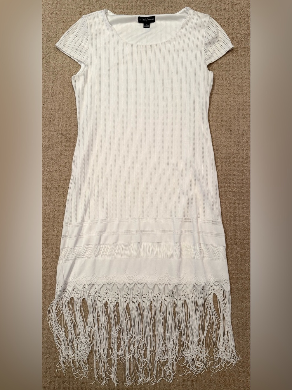 Tribal Femme White Fringe Hem Dress Cover Up M Medium Boho Beach